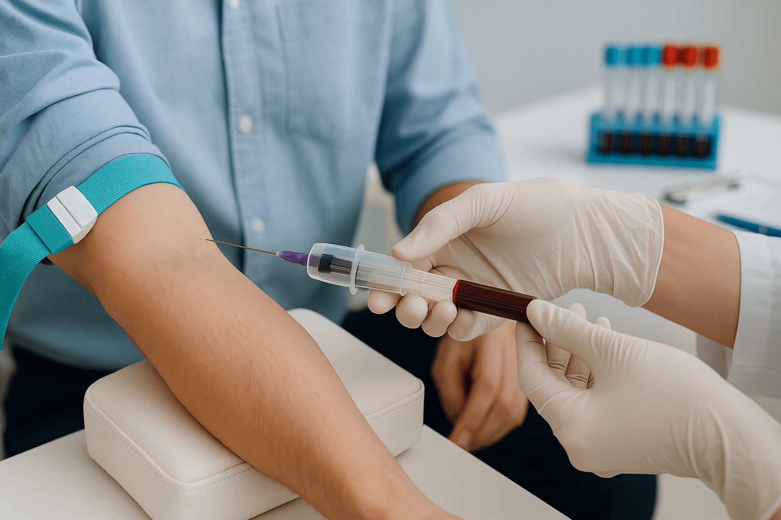 Close-up of blood being drawn from arm
