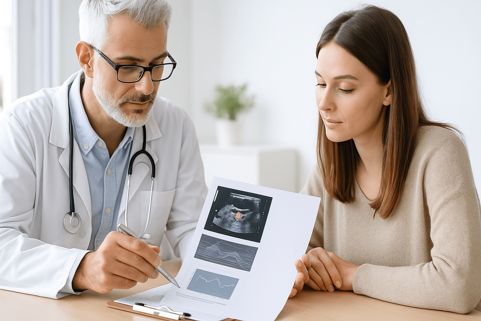 Doctor shows thyroid scan to woman during consultation