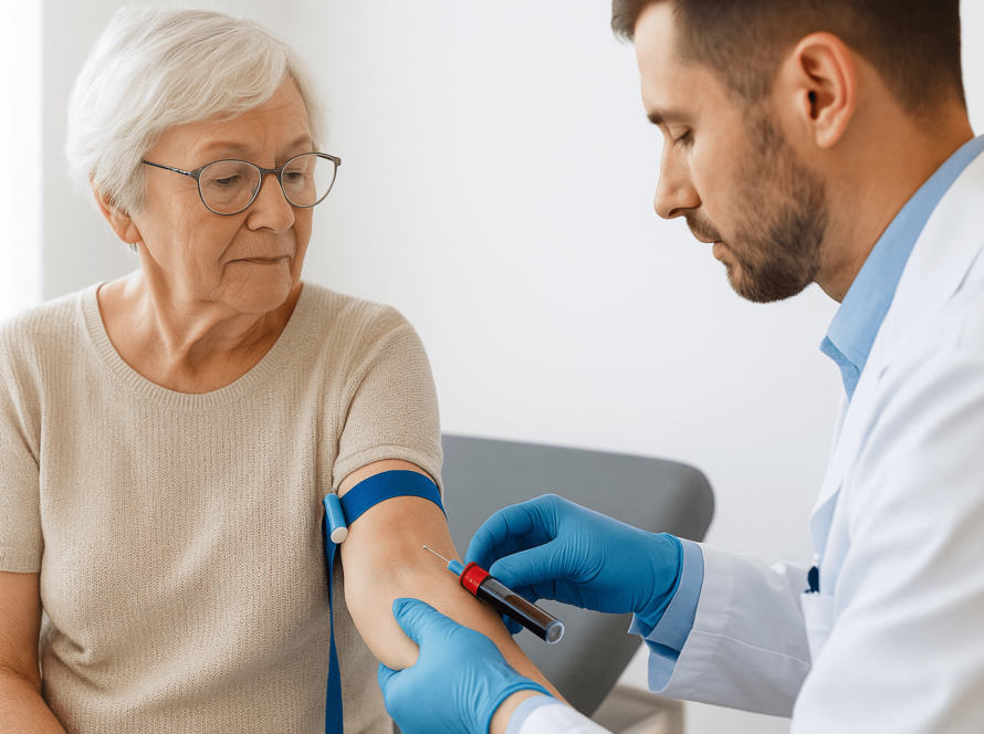 Doctor draws blood from elderly woman’s arm