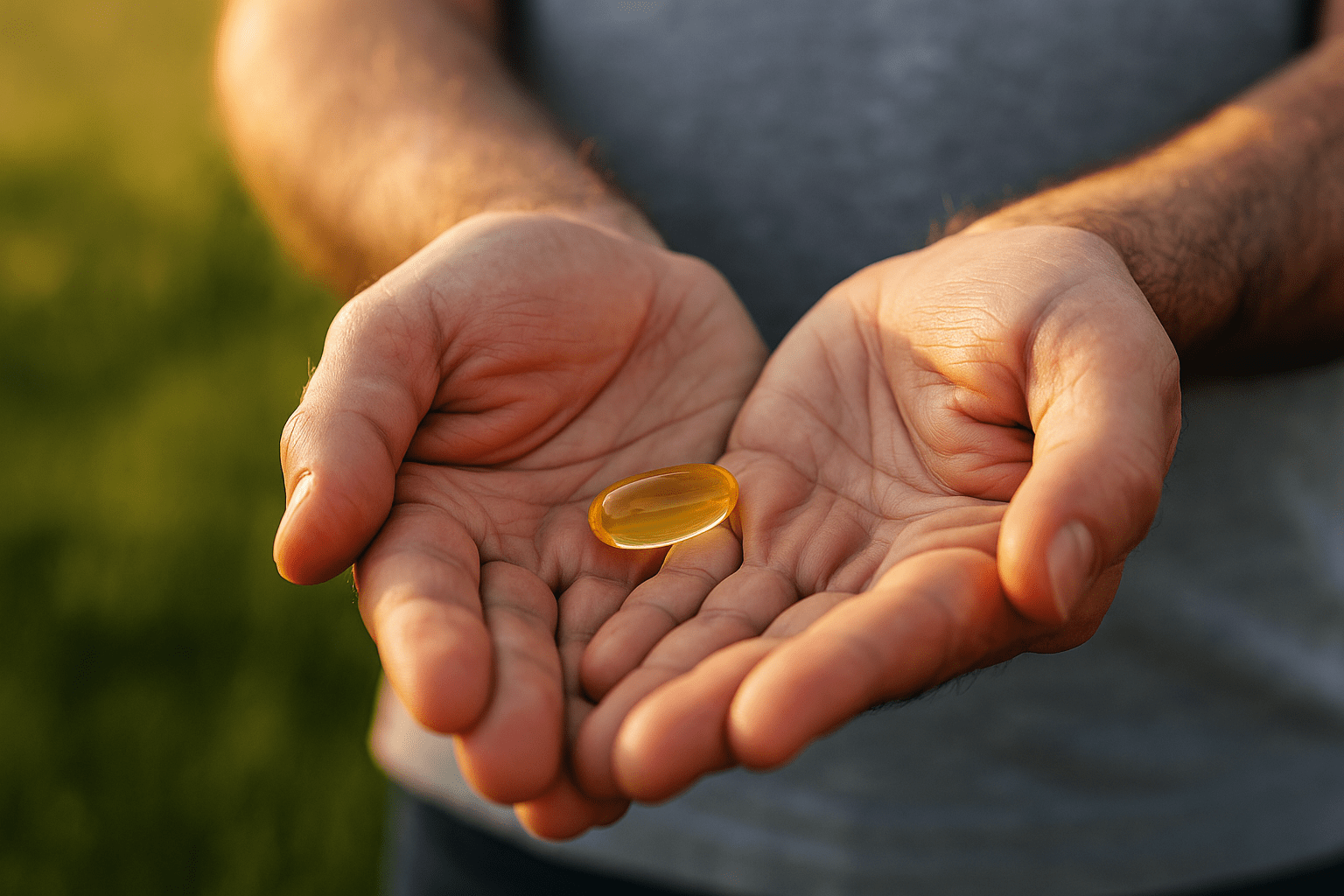 Hands holding vitamin D capsule in sunlight