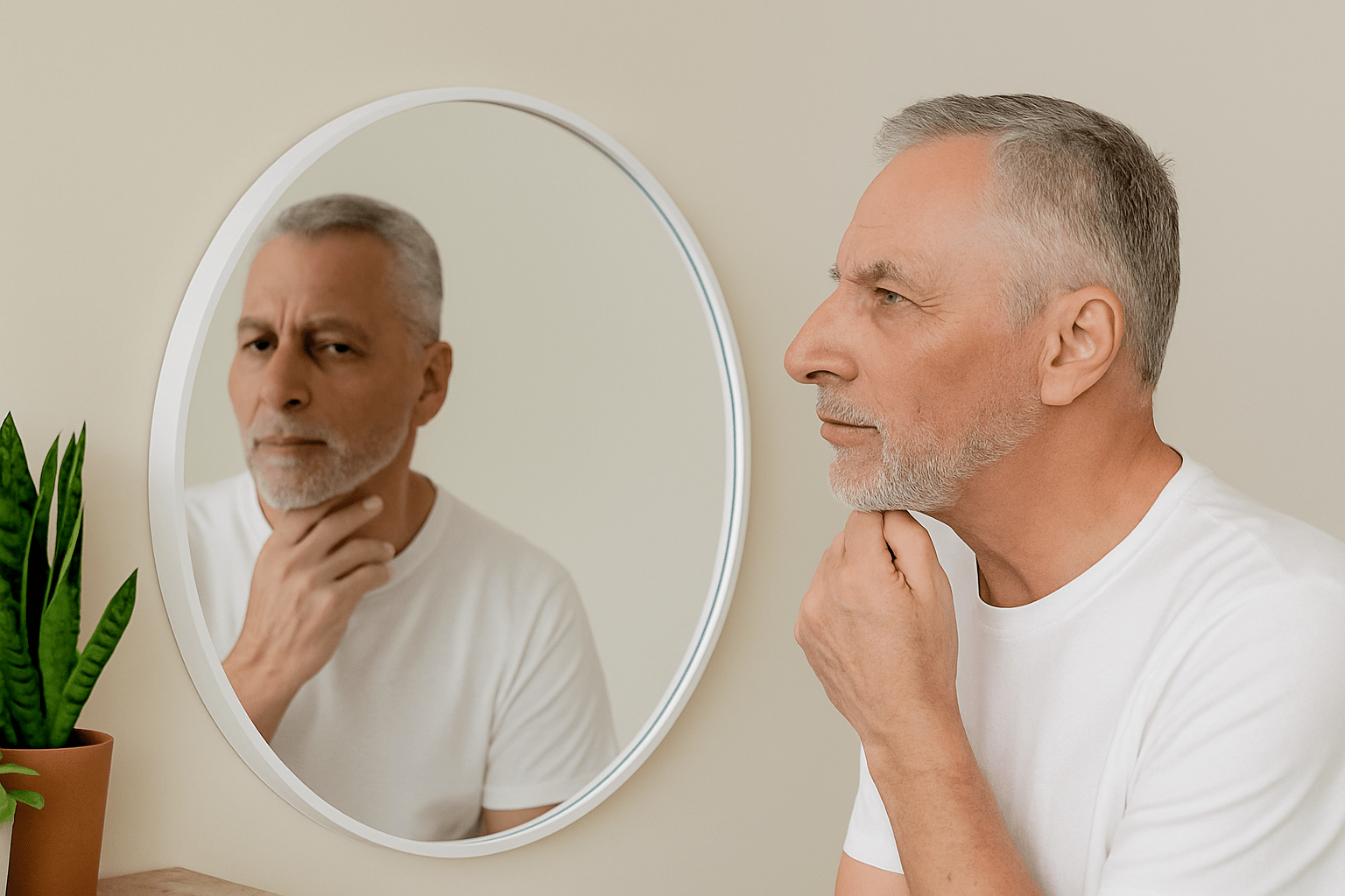 Older man examining face in round bathroom mirror