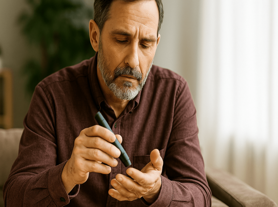 Man checks blood sugar using glucometer while sitting indoors focused.