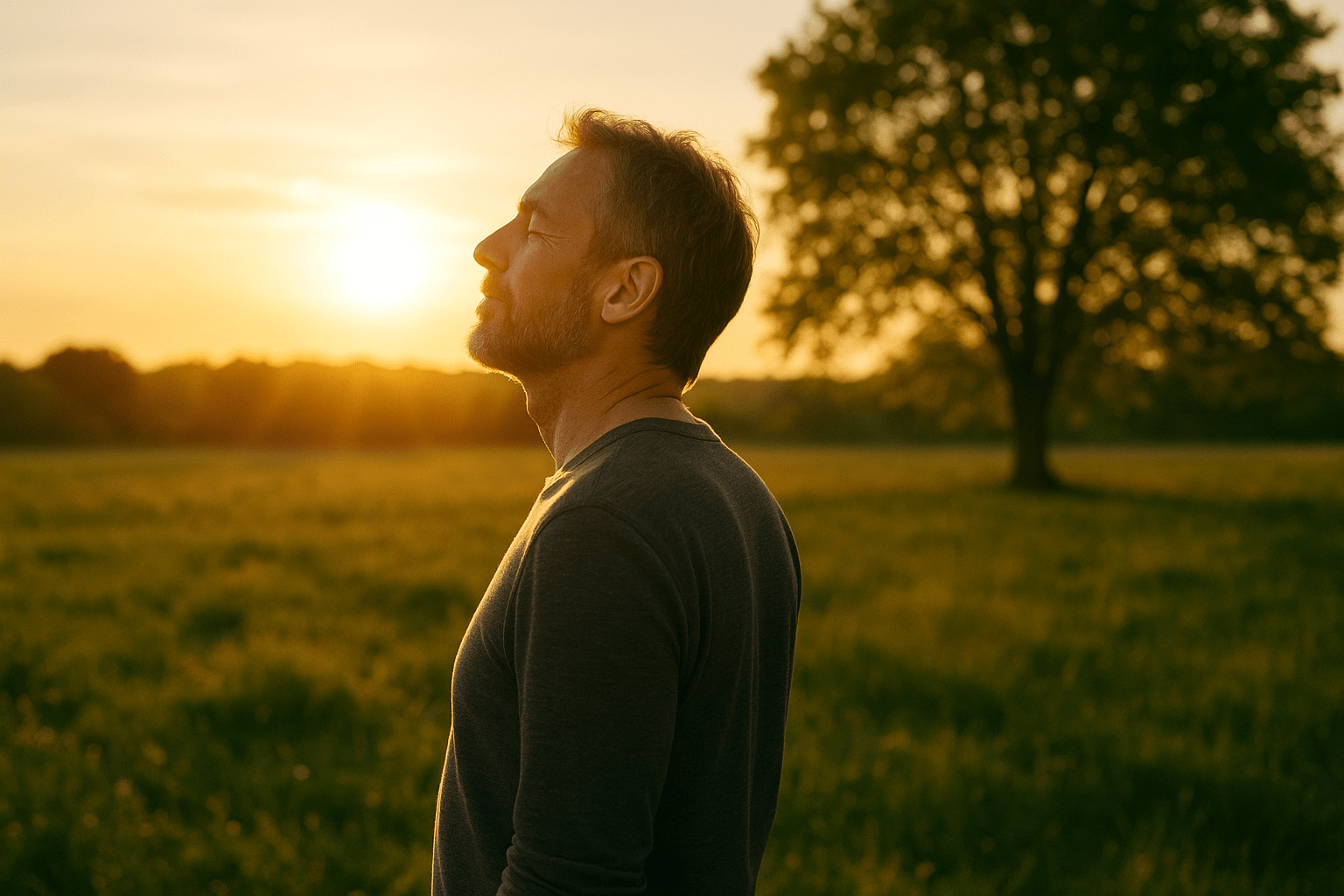 Man facing sun with eyes closed peacefully