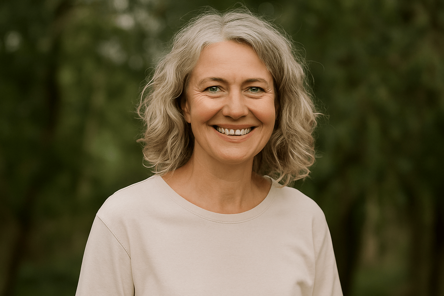Woman with curly gray hair smiling in soft light