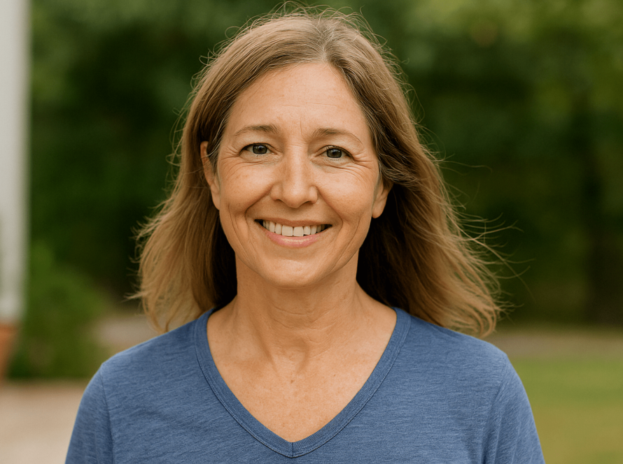 Middle-aged woman smiling outside in green surroundings