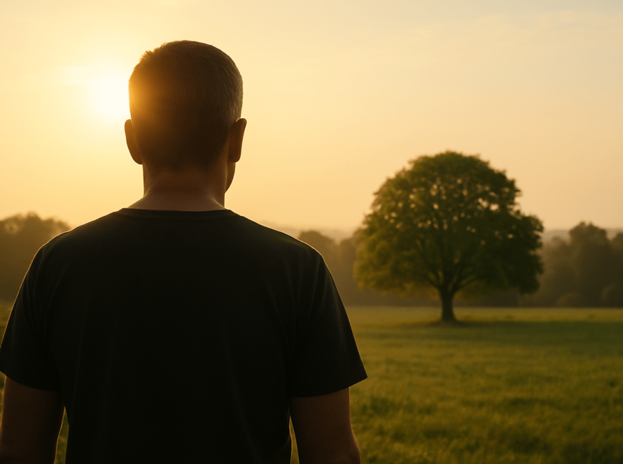 Man watching sunset in wide open field