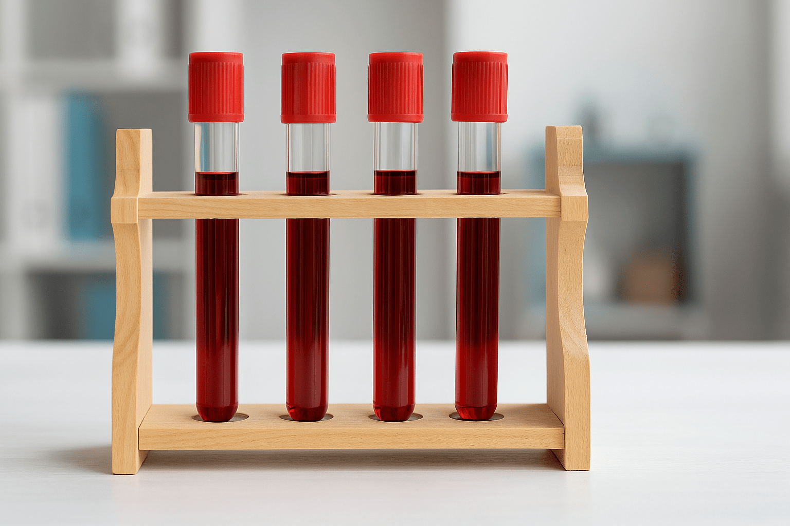 Four blood-filled test tubes in wooden rack
