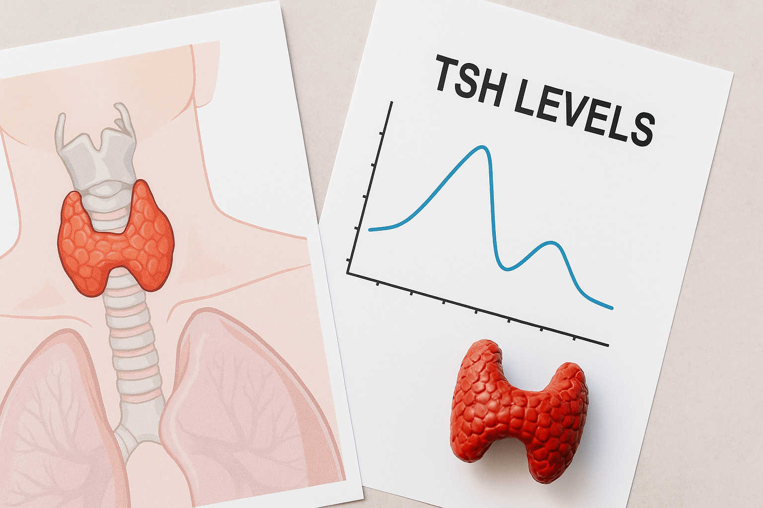 TSH chart beside anatomy diagram and thyroid model.