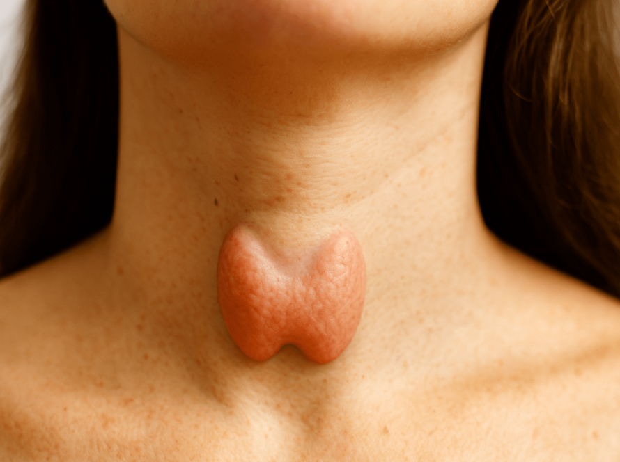 Visible thyroid bulge beneath neck skin, centered view