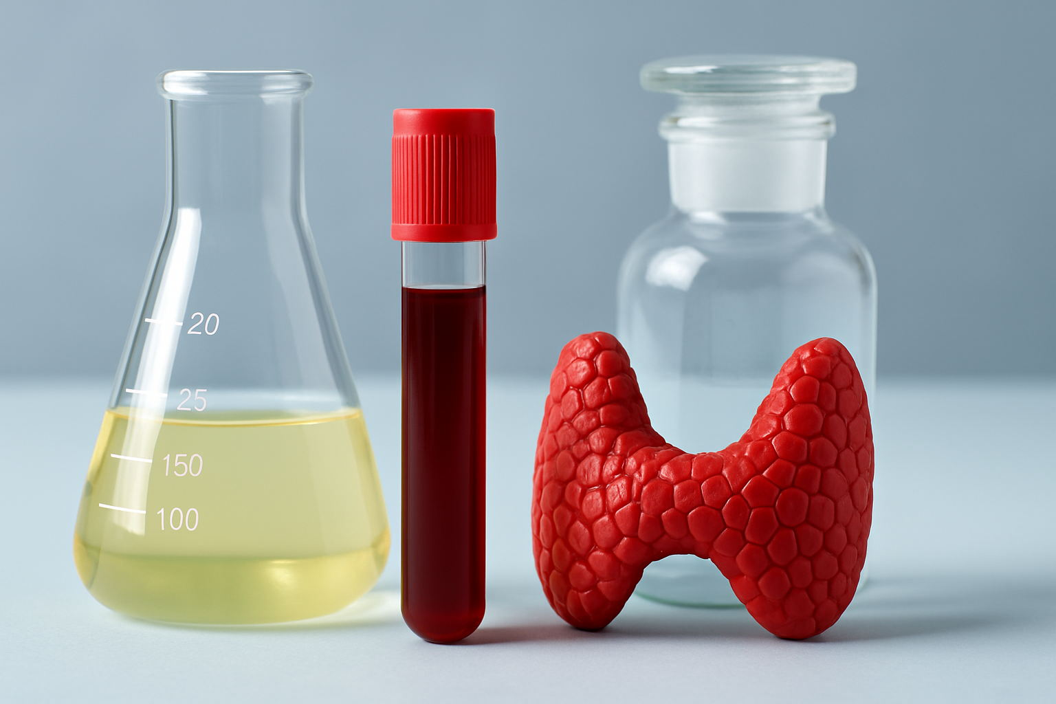 Lab flask, blood sample, thyroid model on table.