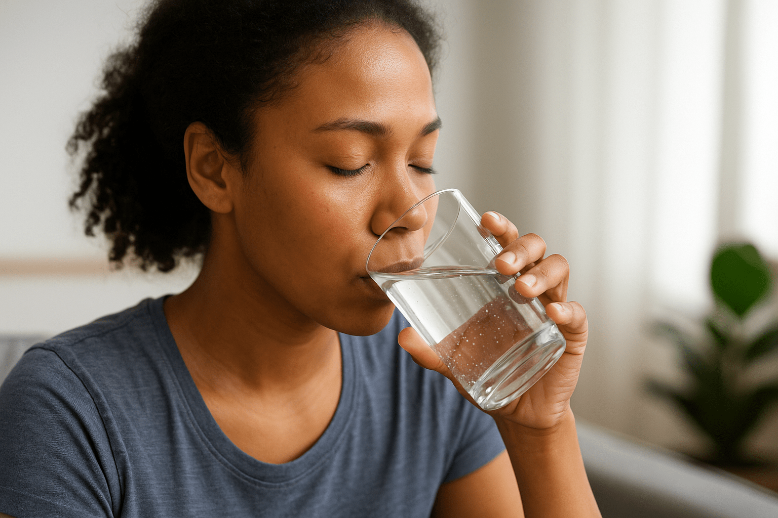 Woman drinks a glass of water with eyes closed peacefully.