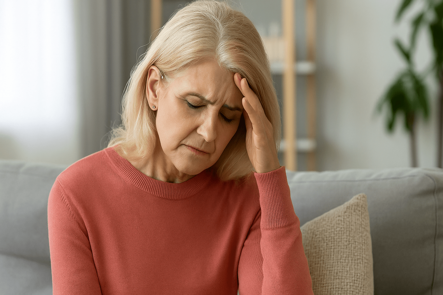 Older woman holds head, showing discomfort while resting on couch.