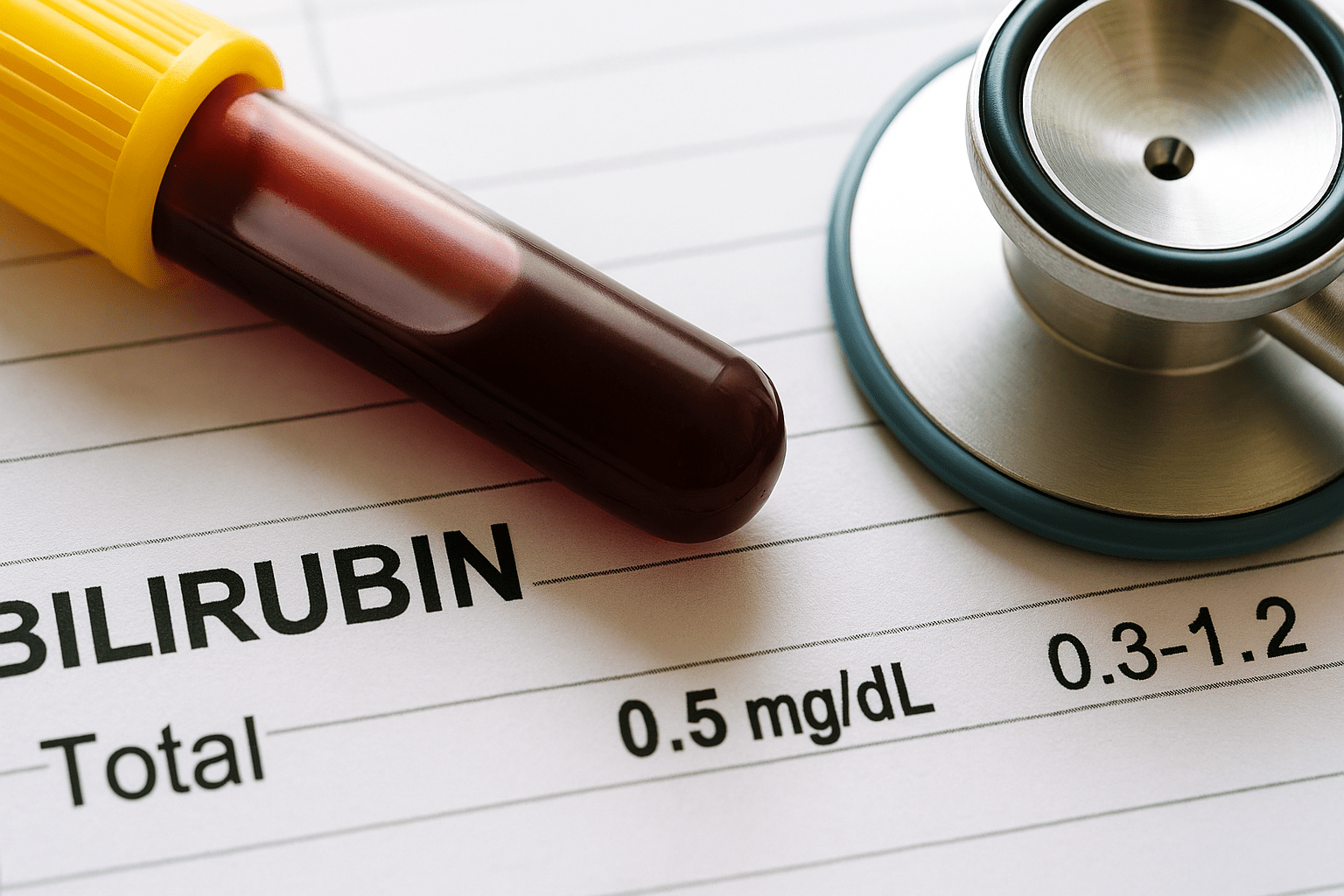 Blood test showing total bilirubin with stethoscope