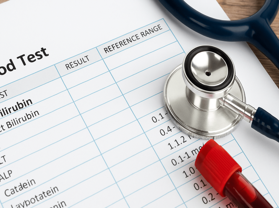 Blood sample tube beside bilirubin lab report
