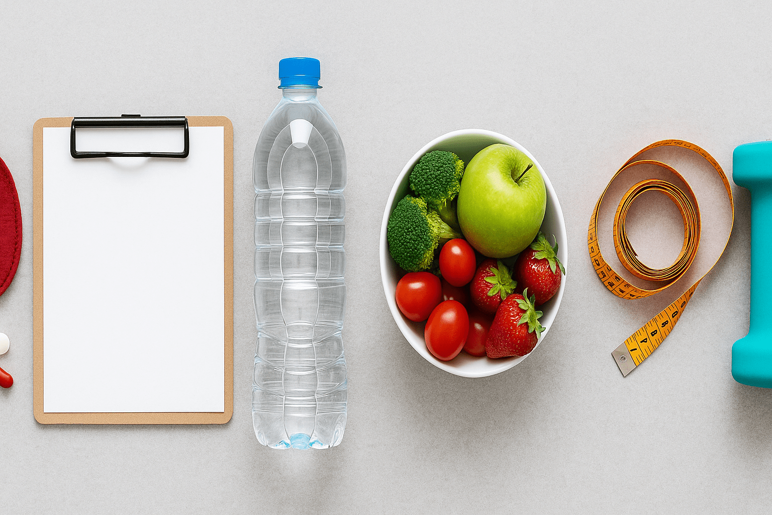 Vegetables, fruit, water, clipboard, dumbbell arranged for healthy living.