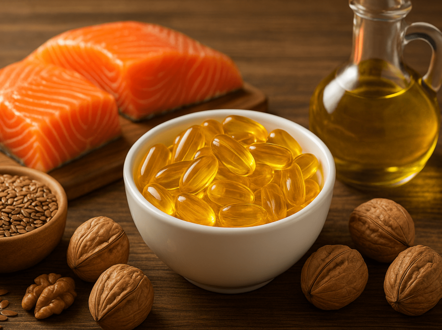 Bowl of fish oil capsules with healthy fats