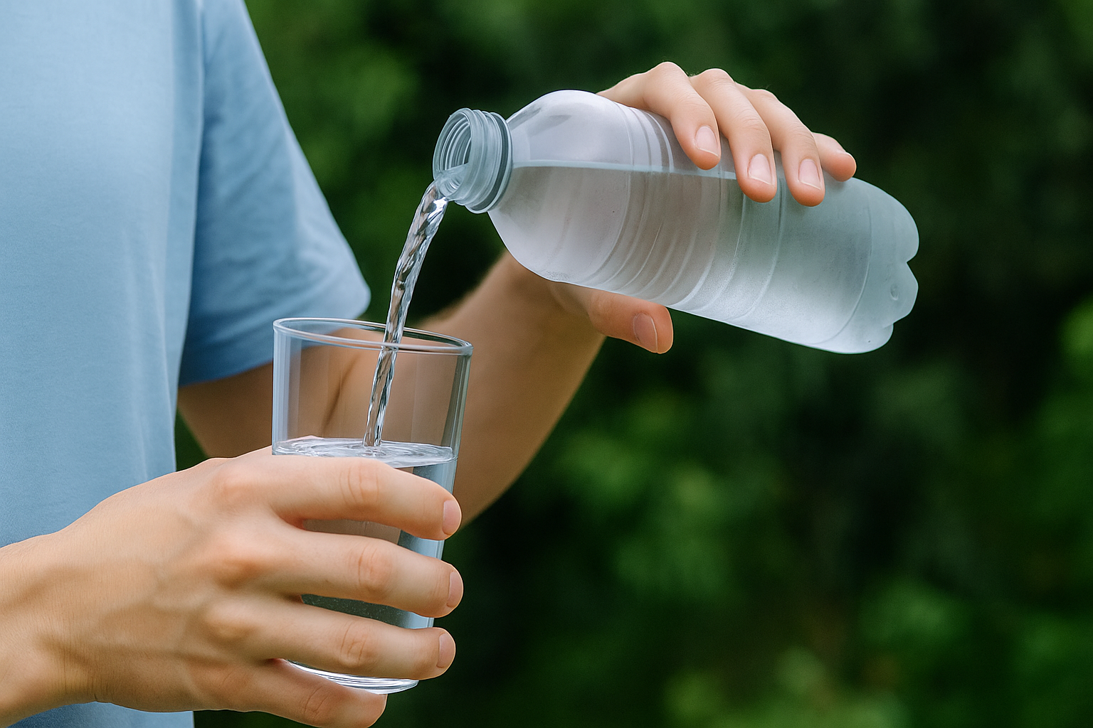 Person pouring bottled water into glass outdoors, supporting hydration.