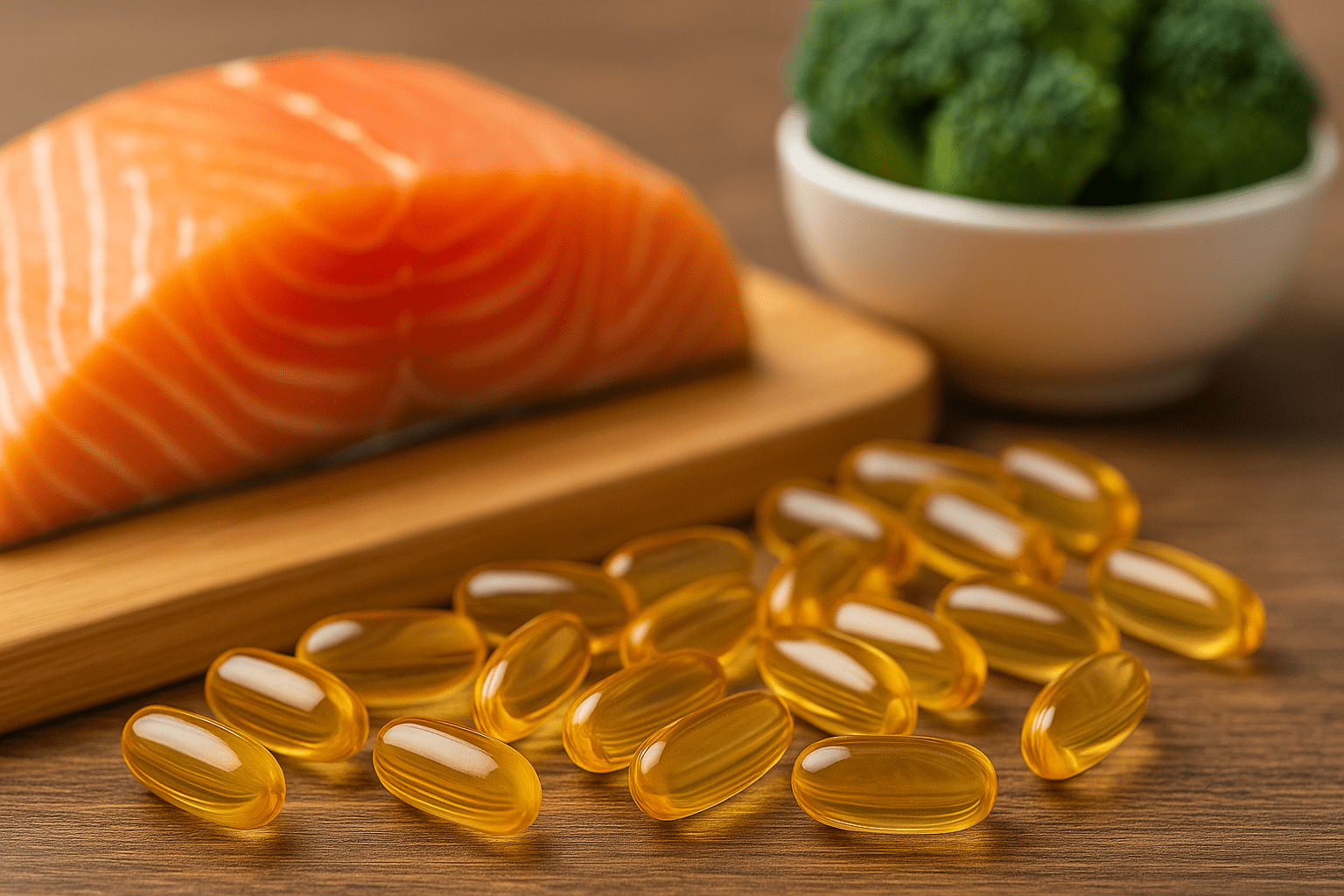 Omega-3 capsules, salmon fillet, and broccoli