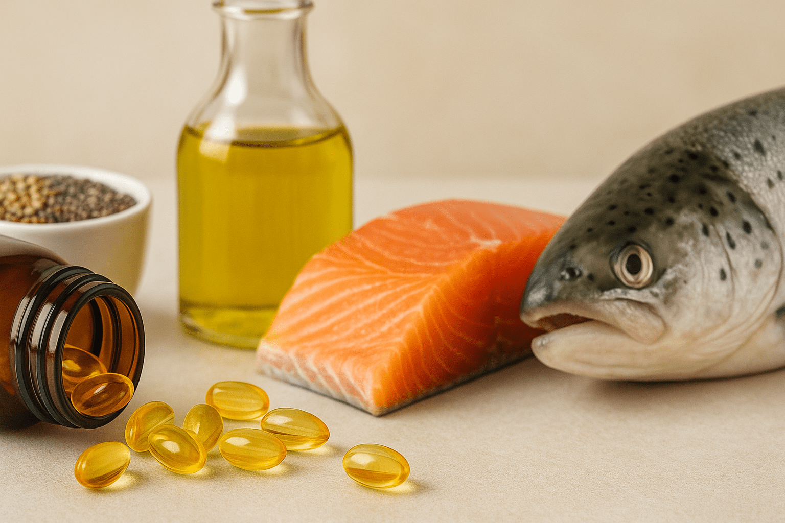 Golden capsules with salmon, oil, and seeds